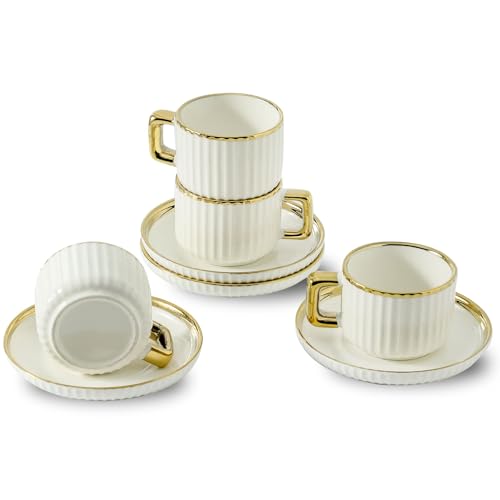 LETAOTAO Espresso Cups Set of 4, 3oz Espresso Cups and Saucers | Ceramic Coffee Cups with Gold Trim, Stackable Mini Demitasse Mugs for Espresso, Cappuccino,Latte, Americano and Tea - size: 3 Ounces