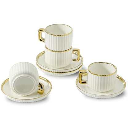 LETAOTAO Espresso Cups Set of 4, 3oz Espresso Cups and Saucers | Ceramic Coffee Cups with Gold Trim, Stackable Mini Demitasse Mugs for Espresso, Cappuccino,Latte, Americano and Tea - size: 3 Ounces