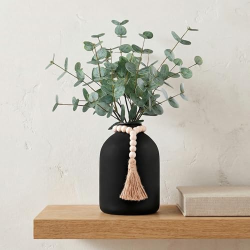 6 Pcs Artificial Eucalyptus Stems in Large Black Vase ,18" Artificial Greenery Stems Centerpieces Fake Eucalyptus Stems 9 in Tall Vase Home Decor Coffee Table Kitchen Table Centerpieces Decor (Black)