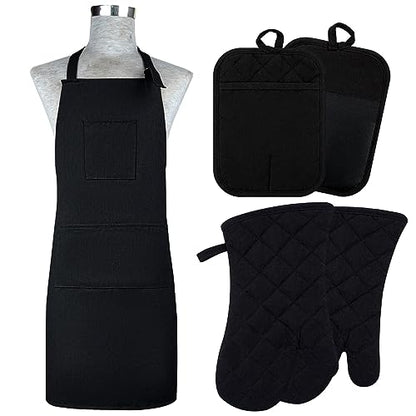 Oven Mitts and Pot Holders with Cooking Apron Set of 5, Heat Resistant Kitchen Gloves and Silicone Non-Slip Potholders, Adjustable Neck Buckle Chef Apron, Cotton Nice Design for Cooking (Black)… - color: Black