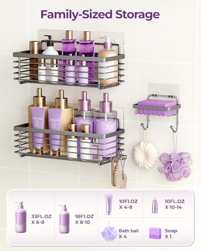 Shower Caddy Adhesive 3 Pack Stainless Steel Storage Organizers-Grey | No drilling wall mounted,rust-resistant,large capacity,quick drainage,easy to clean,suitable for bathrooms and kitchens - color: Grey
