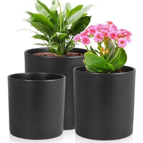 Meowell 6/5/4 inch Flower Pots, Set of 3 Cylinder Plant Pots for Small Indoor Outdoor Plants, Plastic Planters with Drainage Holes and Saucers for Garden Succulent Nursery House Plants, Black - color: Black, size: 6"+5"+4"