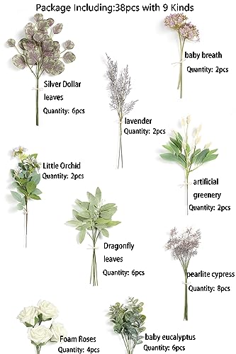 Serra Flora Artificial Greenery Spray Box Set(Pack of 38pcs) with 9 Kinds of DIY Wedding Bouquet Filler Table Centerpieces and Floral Arrangement (Lilac & Green) - color: Lilac &Green