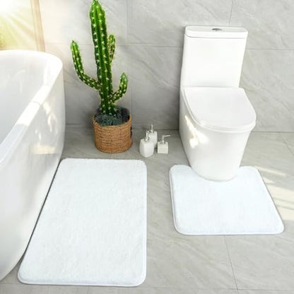 White Bathroom Rug Set 2 Piece Bath Mat 21x34'' &U Shape Toilet Rug 21x21'' | Absorbent,Washable,Non Slip Bathroom Rugs Sets,Contour Mat for Toilet - color: White