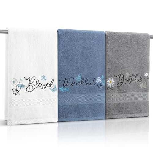 3 Pack Embroidered Cotton Hand Towels 13x30 Inch Blue | Blessed Thankful Grateful Bathroom Decor Soft Absorbent Towel Set for Kitchen Gift Farmhouse Rustic Style - color: Blue Grey White