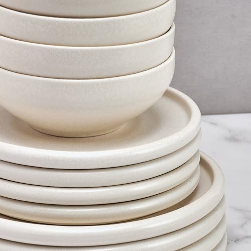 Mikasa Declan 12 Piece Stoneware Dinnerware Set, Service for 4, Modern Plate and Bowl with High Rims for Everyday Use, Beige