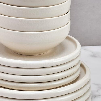 Mikasa Declan 12 Piece Stoneware Dinnerware Set, Service for 4, Modern Plate and Bowl with High Rims for Everyday Use, Beige