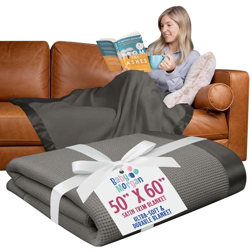 Thermal Waffle Knit Throw Blanket Satin Trim Gray 50" x 60" | Adult throw blanket with soft lightweight waffle knit design, satin trim & breathable layer for couch, bed & living room use. - color: Gray - Satin Trim