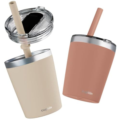 CUPKIN Toddler Straw Cup, The Original 8 oz Stackable Stainless Steel Toddler Cups, Set of 2 Powder Coated Insulated Kids Straw Cups + BPA Free Lids + Reusable Silicone Straws (Brown + Peach) - color: Brown + Peach, size: 8 Fl Oz (Pack of 2)