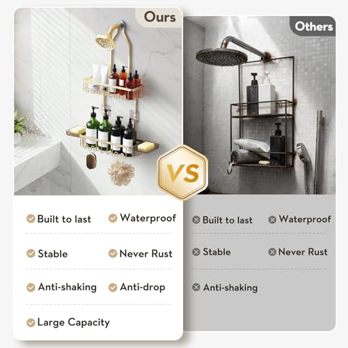 Shower Caddy Hanging, Shower Organizer Hanging, Aluminum Shower Racks for Inside Shower with Hooks for Razor, Never Rust Bathroom Organizers and Storage with Soap Holder, Gold