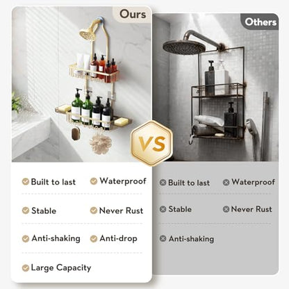 Shower Caddy Hanging, Shower Organizer Hanging, Aluminum Shower Racks for Inside Shower with Hooks for Razor, Never Rust Bathroom Organizers and Storage with Soap Holder, Gold
