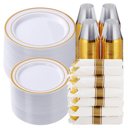 700 Piece Gold Plastic Dinnerware Set for 100 Guests | Disposable Dinnerware Includes: 100 Dinner Plates, 100 Dessert Plates, 100 Pre Rolled Napkins with Silverware, 100 Cups - color: Gold, style: 700 Piece (100 guests)