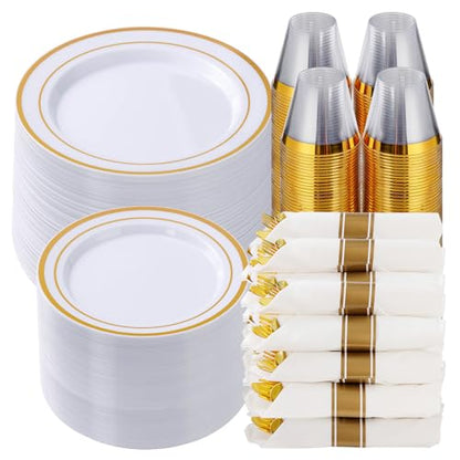 700 Piece Gold Plastic Dinnerware Set for 100 Guests | Disposable Dinnerware Includes: 100 Dinner Plates, 100 Dessert Plates, 100 Pre Rolled Napkins with Silverware, 100 Cups - color: Gold, style: 700 Piece (100 guests)
