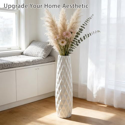 White Tall Ceramic Floor Vase, 24 Inch, Textured Design | Glossy Glazed Finish, Living Room, Fireplace, Entryway, Pampas Grass - color: Shape 2, size: 24 Inch