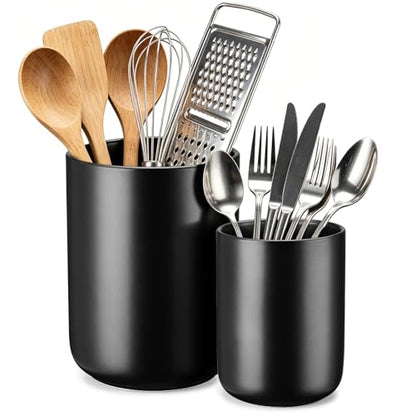 Kitchen Utensil Holder, 6.3"+5.3" Ceramic Kitchen Utensil Holder for Countertop, Large Cooking Utensil Crock for Kitchen Counter, Set of 2, for Spoons, Spatulas, Utensils (Black Set) - color: Black Set
