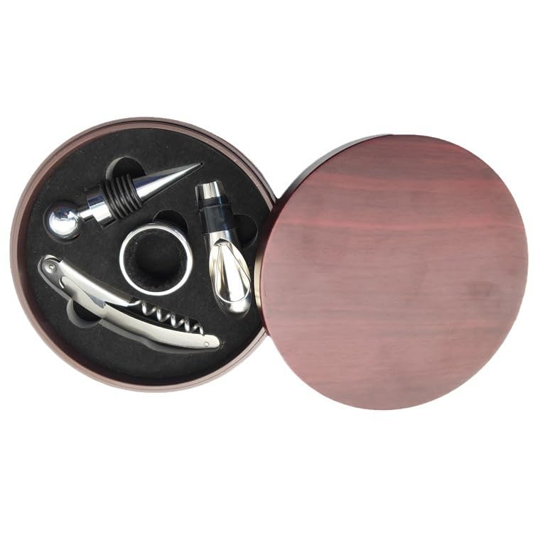 Premium Wine Tool Set with Stainless Steel Bottle Opener, Corkscrew, and Accessories in Elegant Circular Wood Case