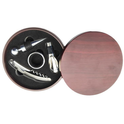Premium Wine Tool Set with Stainless Steel Bottle Opener, Corkscrew, and Accessories in Elegant Circular Wood Case