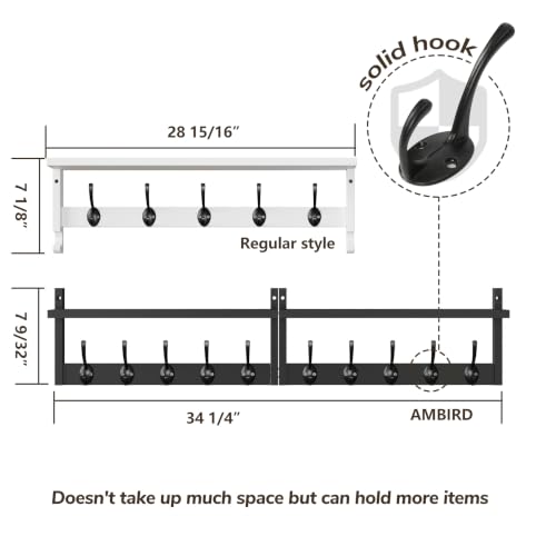 AMBIRD 34.2" Extra Long Wooden Wall Hook Rack with Shelf - Versatile and Decorative Wall-Mounted Storage with 10 Hooks for Coats, Hats, Keys - Ideal for Entryways, Bedrooms, Closets (Stylish Black) - size: 34.2 inch, style: Stylish