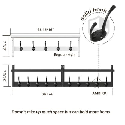 AMBIRD 34.2" Extra Long Wooden Wall Hook Rack with Shelf - Versatile and Decorative Wall-Mounted Storage with 10 Hooks for Coats, Hats, Keys - Ideal for Entryways, Bedrooms, Closets (Stylish Black) - size: 34.2 inch, style: Stylish