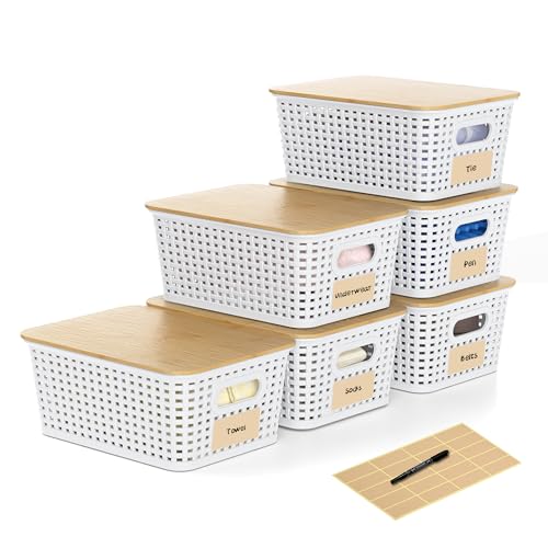 6 Pack Plastic Storage Baskets,White bamboo lid storage Box | Labels, Stackable, For Organizing Shelves Pantry Drawers Desktop Closets Organizing Desktop Closet Playroom Classroom - color: White