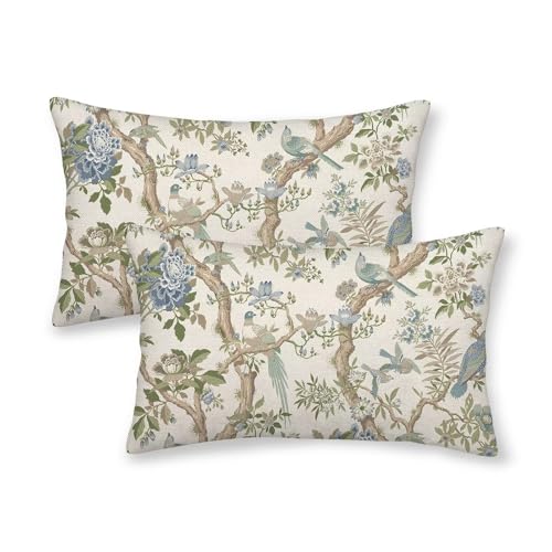 AEIOAE Sage Green Blue Floral Pillow Covers 12 x 20 Inch Set of 2, Spring Vintage Chinoiserie Flower Decorative Throw Pillow Covers Outdoor Linen Farmhouse Decor Pillowcase for Home Sofa - color: Sage Green Blue, size: 20" x 12" (Pack of 1)