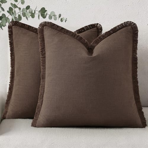decorUhome Linen Fringe Chocolate Throw Pillow Covers 24x24 Set of 2 | Euro Sham Decorative Soft Accent Modern Boho Farmhouse Cushion Covers with Tassels Cotton Pillow Covers for Couch Bed Sofa - color: Chocolate, size: 24" x 24" (Pack of 2)