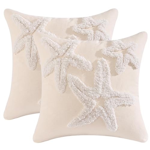 Embroidered Throw Pillow Covers 18x18 Pack of 2 Beige Starfishs | Durable Fabric,Ocean-Themed,Decorative Pillow Covers,Boho Decor,Hidden Zipper,Aesthetic Design,Ideal Gift,Machine Washable - color: Beige Starfish