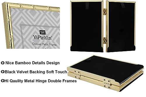 YiPinYin 4x6'' Bamboo Detail Double Photo Frames, Gold Metal Picture 6x4'' Double, Elegant Gold Thin Edge Photo Frames 4 x 6'' With Soft Touch Velvet Backing and Real Glass for Desktop - color: Gold, size: 4x6Inch Double