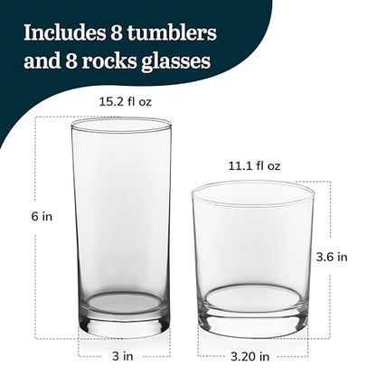 Province Tumbler & Rocks Drinking Glasses Set of 16, Tall Glass Cups | 15.2 oz and 11.1 oz Capacities for Water, Juice, Cocktails, and More with Lightweight Design and Dishwasher-Safe Cleanup - color: 01 - Province 16