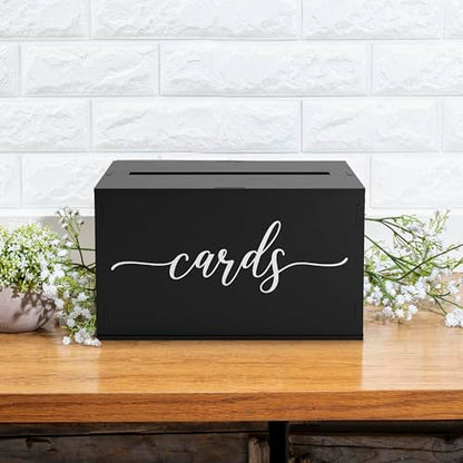 Wooden Wedding Card Box with Slot and Lid | Graduation Card Box for Party 2026 | Grad Gift Money Envelope Holder for Reception, Bridal Shower, Birthday, Retirement | Rustic Keepsake Decorations - size: Card Box (Black)
