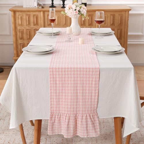 Peachy Blush White Plaid Gingham Ruffle Table Runner 72 inches Long 100% Washed Cotton Decorative Farmhouse Cabinet Cover (Blush, 72"x13") - color: Blush, size: 72"x13"
