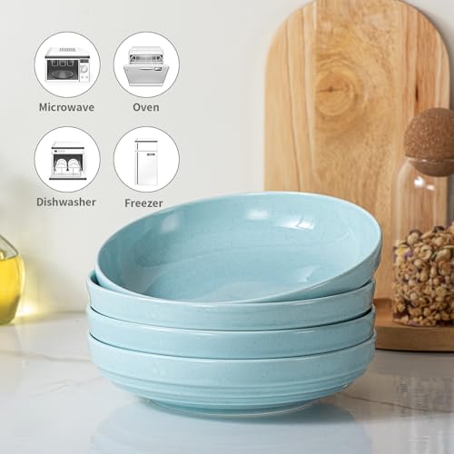 HAPPY KIT Stoneware 9'' Pasta Bowls 42oz Set of 4, Ocean Current Blue - color: OceanBlue