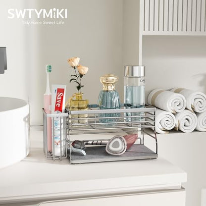 SWTYMIKI Kitchen Sink Caddy Organizer, 2 Tier Sponge Holder for Kitchen Sink with Instant Drying Stone, Removable Brush Holder for Fast Drying on Countertop, Silver - color: Silver-2 Tier