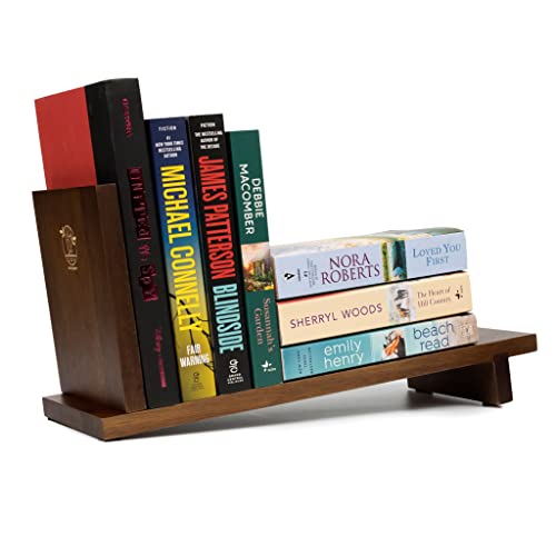 S&A WOODCRAFT Desktop Wood Bookshelf Wooden Bookend, Acacia Desk Organizer Shelf and Display Rack with Book Ends, Storage Shelf Bookcase for Office, Home Decor, Kitchen Countertop, Walnut Brown