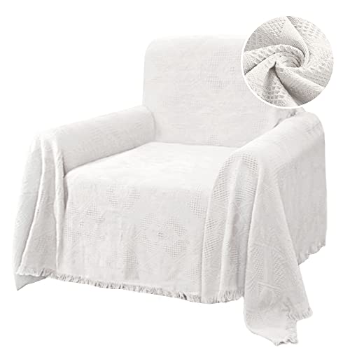 H.VERSAILTEX Cotton Sofa Covers Couch Cover Sofa Slipcover for Most Shape Sofas, Feature Thick Woven Jacquard Seamless with Tassels, Multi-Use Decorative for Couch (Medium: 71" x 91", White) - color: White, size: Medium