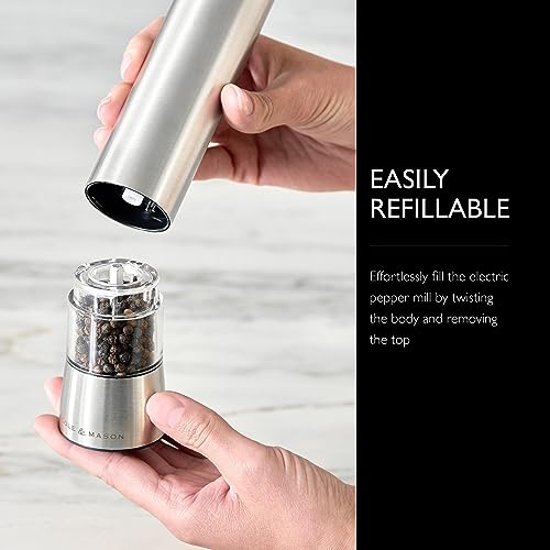 Cole & Mason Hampstead Electronic Pepper Mill - Electric Pepper Grinder Set - Adjustable Electric Spice Grinder - Hand Wash - Stainless Steel