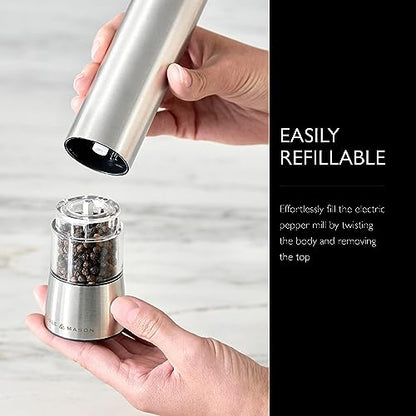 Cole & Mason Hampstead Electronic Pepper Mill - Electric Pepper Grinder Set - Adjustable Electric Spice Grinder - Hand Wash - Stainless Steel