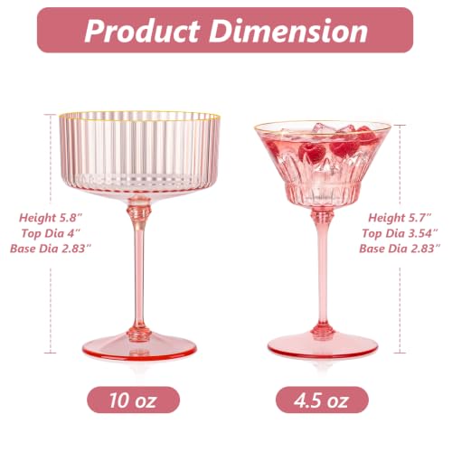 12 Pcs Plastic Martini Glasses with Gold Rim 4.5 Oz Reusable Acrylic Coupe Cocktail Glasses Removable Champagne Dessert Cups for Margaritas Mimosa Weddings Parties Birthday Celebrations (12, pink) - color: Pink