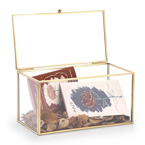 Hipiwe Gold Glass Decorative Boxes Rectangular Keepsake Shadow Box with Lid | Mini Garden Jewelry Display Case Vanity Lidded Boxes for Wedding Cards, Trinkets, Photos & Perfume - 8.3"x4.3"x4.3"