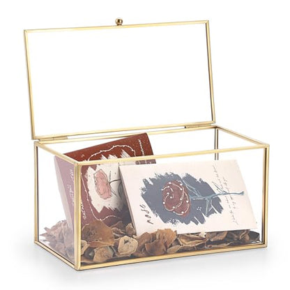 Hipiwe Gold Glass Decorative Boxes Rectangular Keepsake Shadow Box with Lid | Mini Garden Jewelry Display Case Vanity Lidded Boxes for Wedding Cards, Trinkets, Photos & Perfume - 8.3"x4.3"x4.3"