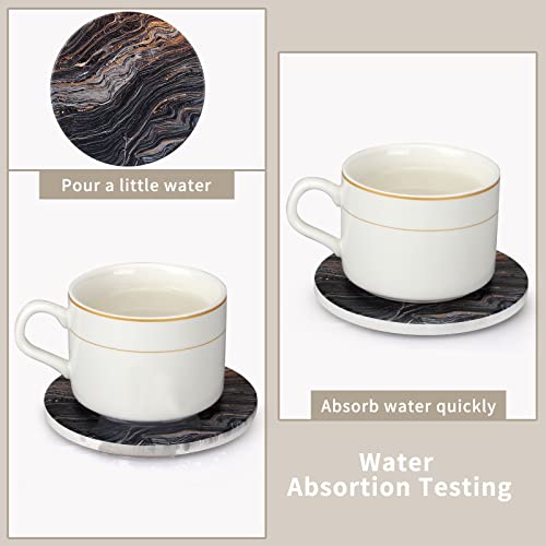 6 Pcs Black Ceramic Stone Modern Coasters with Holder Best Absorbent Drink Coasters Round Ceramic Table Coasters Set Best Coffee Table Ceramic Coaster Set - color: Black Marble