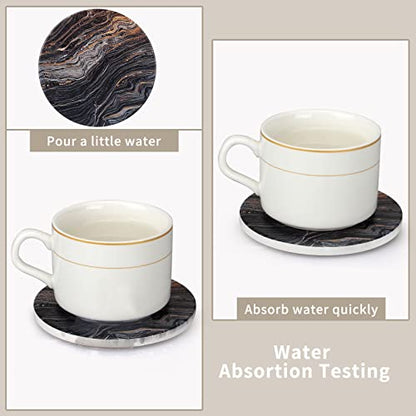 6 Pcs Black Ceramic Stone Modern Coasters with Holder Best Absorbent Drink Coasters Round Ceramic Table Coasters Set Best Coffee Table Ceramic Coaster Set - color: Black Marble