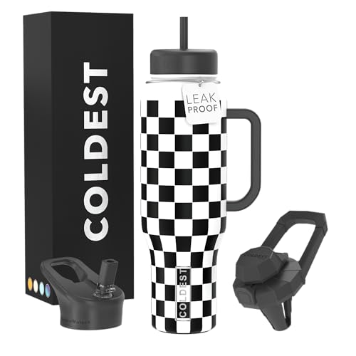 Coldest Tumbler with Handle and Straw, 100% Leak Proof Insulated Tumbler with Lid and Straw (3 Lids), Stainless Steel Tumblers for Women & Men, Cup Holder Friendly, 46 oz (Black Checkers) - color: Black Checkers, size: 46 oz