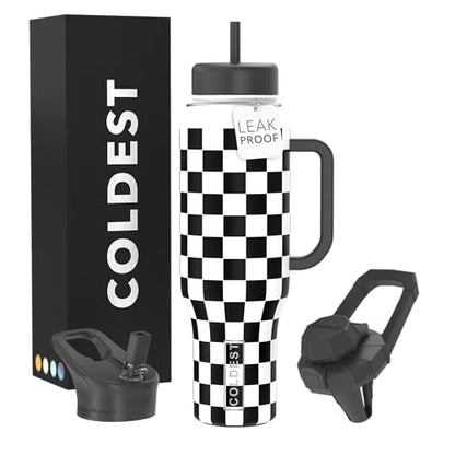 Coldest Tumbler with Handle and Straw, 100% Leak Proof Insulated Tumbler with Lid and Straw (3 Lids), Stainless Steel Tumblers for Women & Men, Cup Holder Friendly, 46 oz (Black Checkers) - color: Black Checkers, size: 46 oz