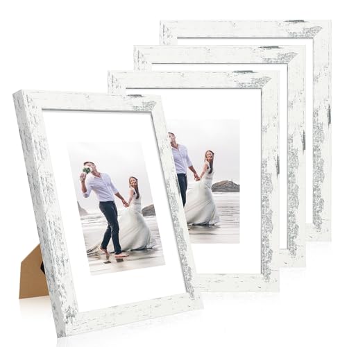 iRahmen 9x12 Picture Frame Set of 4 with Tempered Glass, Distressed White Frame Display 6x8 Picture with Mat or 9 x 12 Without Mat, Wooden Photo Frame for Wall Mount and Tabletop Display - color: Distressed White, size: 9X12