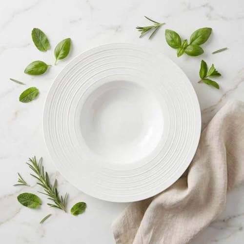 Ceramic Wide Rimmed Soup Plate, Soup Bowl 12 oz, Pasta Bowl Set of 4, White Shallow Bowl Plate with Rim, Best choice for high-end restaurants, hotels, and foodies,11.4 Inch Coil relief - color: White Coil texture relief, size: 11.4 Inch