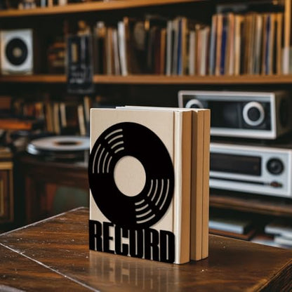 5.3"x4.3"x6.7" Metal Bookends, Heavy Duty Book Ends for Shelves | Vinyl Records Theme Cast Iron Book Supports, 1 Pair Decor Stoppers for Desk, Library, Office & Home Shelves - style: Vinyl Records