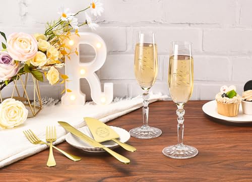 Wedding Cake Cutting Set with Forks, Crystal Champagne Flutes | Classical Style Toasting Glasses for Bride and Groom, Wedding Gifts for Couples, Engagement and Bridal Shower Gifts - color: Gold