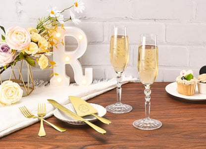 Wedding Cake Cutting Set with Forks, Crystal Champagne Flutes | Classical Style Toasting Glasses for Bride and Groom, Wedding Gifts for Couples, Engagement and Bridal Shower Gifts - color: Gold