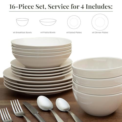 Larder & Vine Stoneware Dinnerware Set, 16 Piece, 4 Place Settings, Made in Portugal, White - color: White
